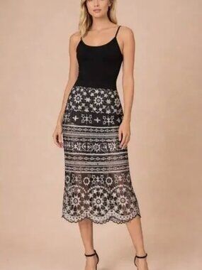 Jen’s Pirate Booty Embroidered Lace Midi Skirt Galactic Print Size Small